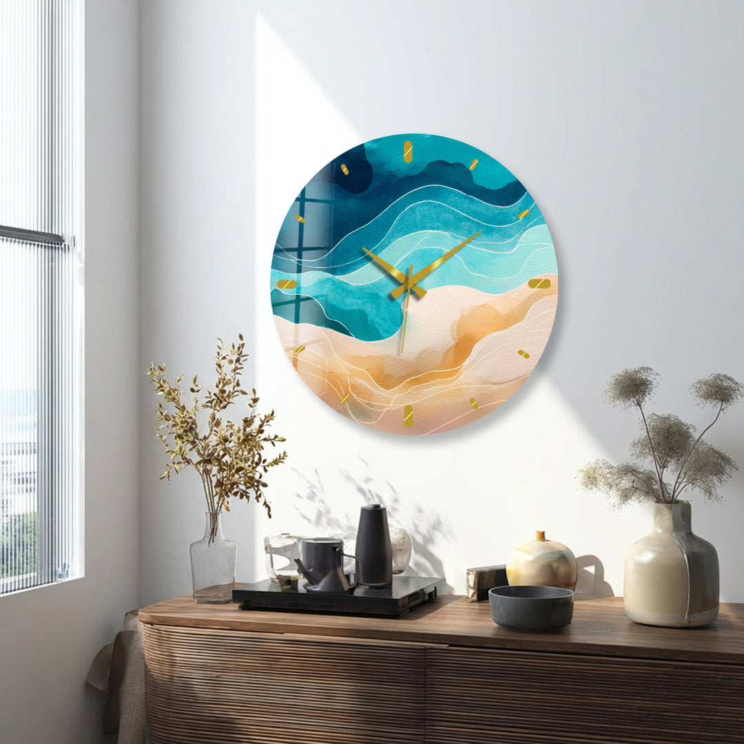 Abstract Coastal Glass Wall Clock – Blue Ocean Wave Decor