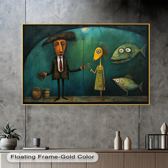 Highlighting the layering effect, this modern oil painting art shows surreal underwater figures and oversized fish creating a whimsical, Picasso-style scene.