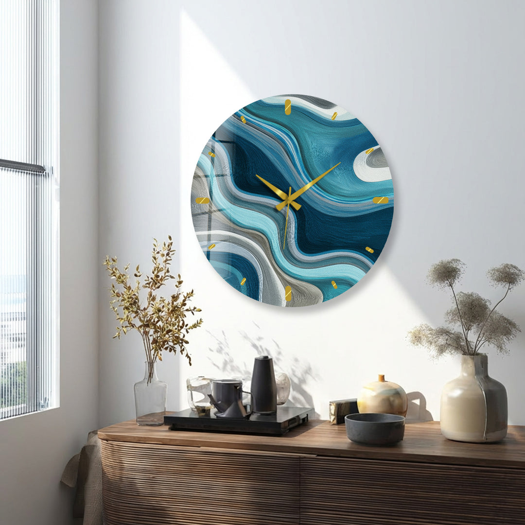 Blue Abstract Glass Wall Clock – Teal Wave Modern Decor