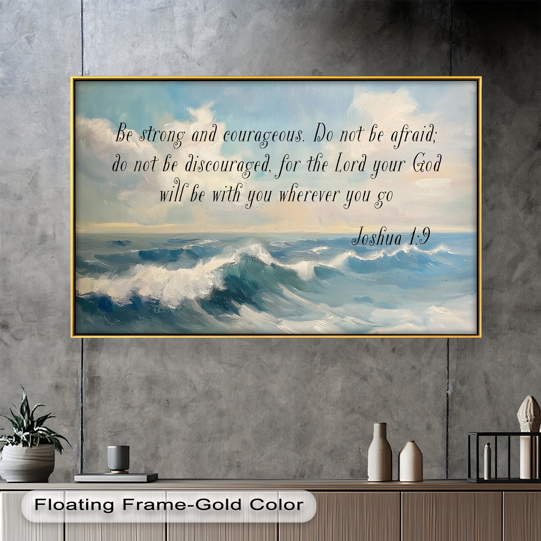 Christian wall art featuring soft waves and scripture on overcoming fear.
