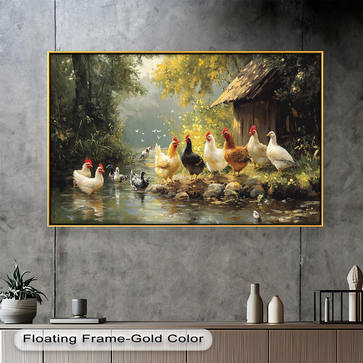 Country Farmyard Chickens by the Stream – Animal Oil Painting