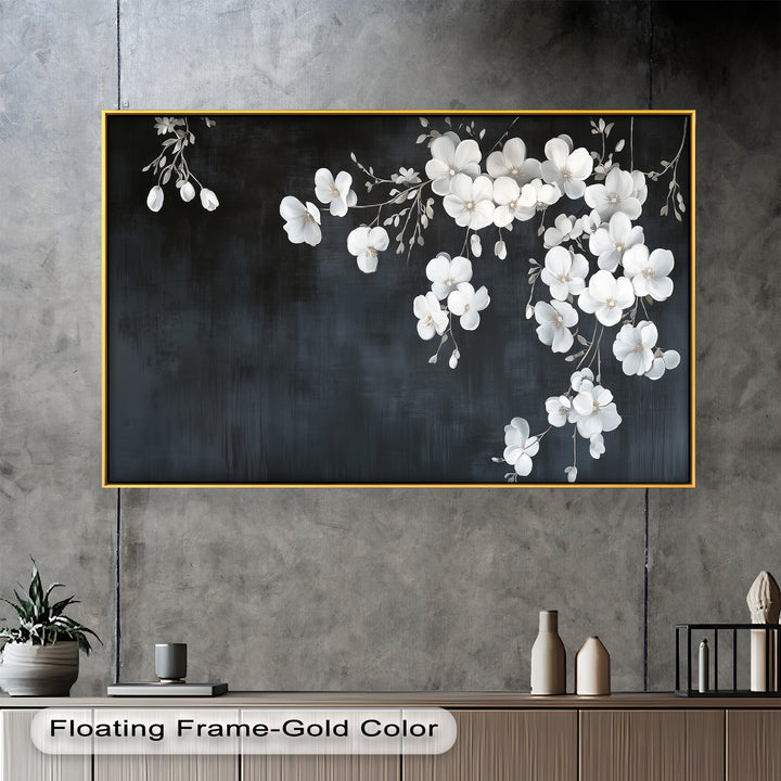 White Cherry Flowers on Midnight Blue - Flower Oil Painting