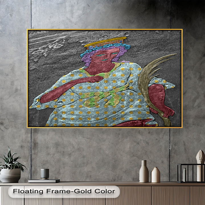 Geheiligte Blüte – Polychromes Engelrelief-Ölgemälde