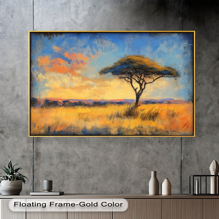 A colorful savanna scene with dramatic skies and a solitary tree casting long shadows across the golden grassland.