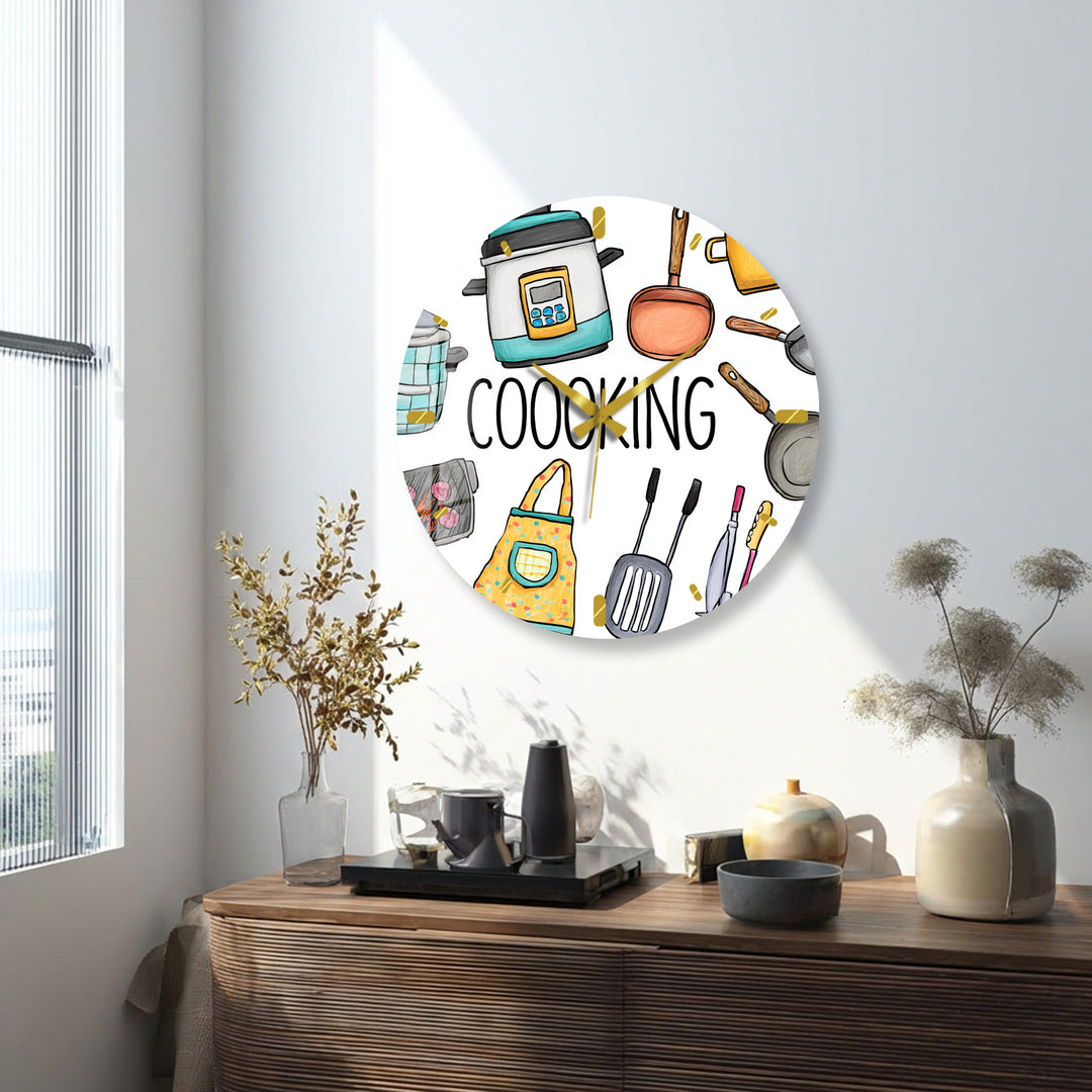 Colorful Cooking Glass Wall Clock – Kitchen Utensil Decor