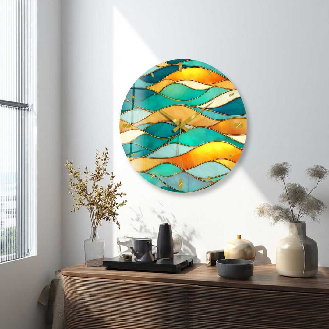 Turquoise Wave Glass Wall Clock – Abstract Stained Glass Decor