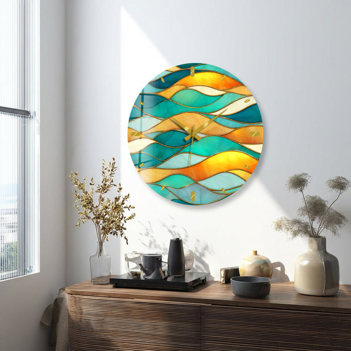 Turquoise Wave Glass Wall Clock – Abstract Stained Glass Decor