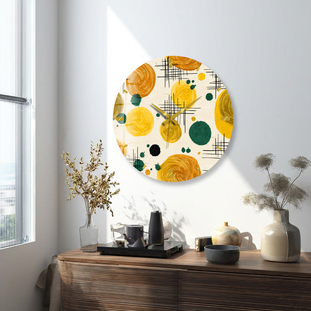 Mustard Yellow Glass Wall Clock – Retro Abstract Circle Art