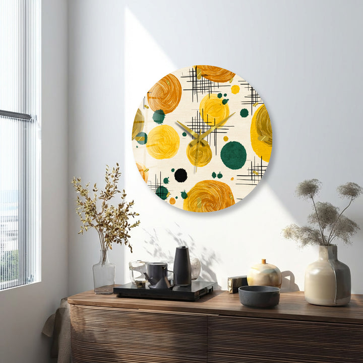 Mustard Yellow Glass Wall Clock – Retro Abstract Circle Art