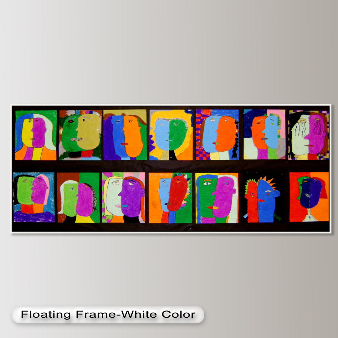 A whimsical gallery of abstract human faces, blending geometric forms and surreal features in a joyful burst of color.