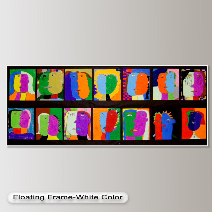 A whimsical gallery of abstract human faces, blending geometric forms and surreal features in a joyful burst of color.