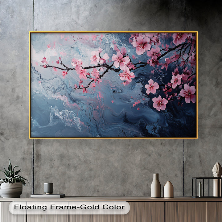 An ethereal painting of cherry blossoms in full bloom, with petals drifting above a textured, watercolor-style background.