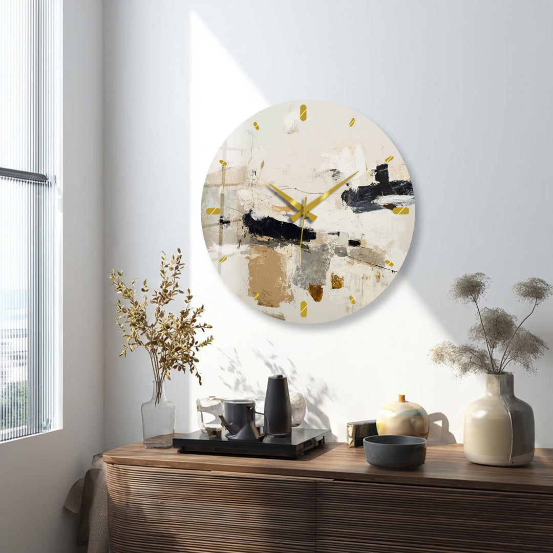 Neutral Abstract Glass Wall Clock – Black and Beige Modern Art