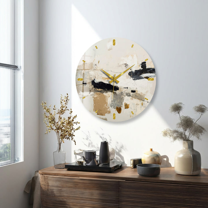 Neutral Abstract Glass Wall Clock – Black and Beige Modern Art