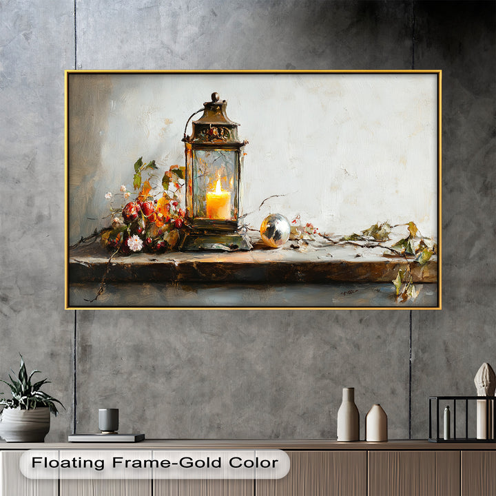Bronze Candle Lantern Art – Winter Decor Oil Painting