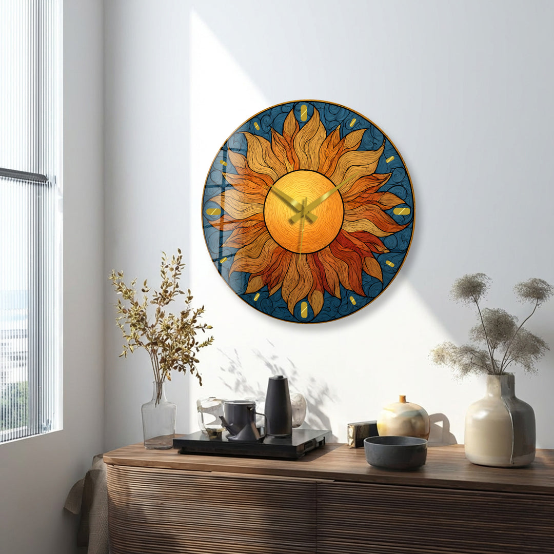 Boho Sun Glass Wall Clock – Golden Sunburst Decor