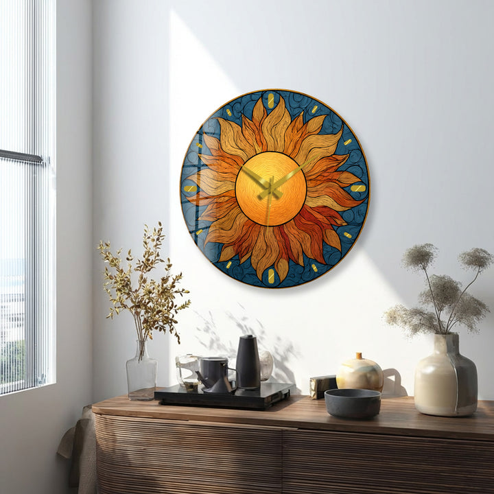 Boho Sun Glass Wall Clock – Golden Sunburst Decor