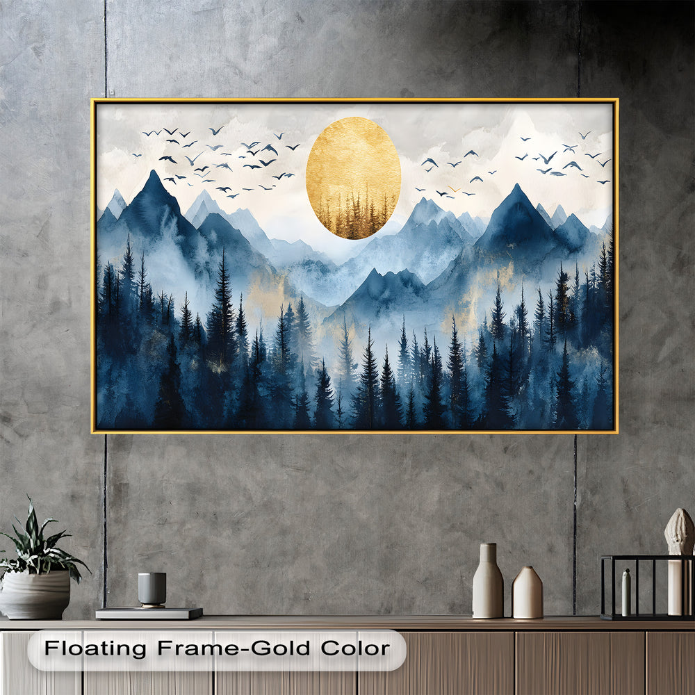 Serene mountain view with a golden sun and distant birds in flight.

