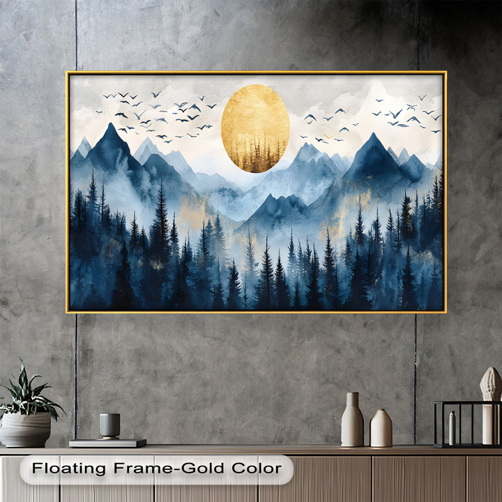 Serene mountain view with a golden sun and distant birds in flight.
