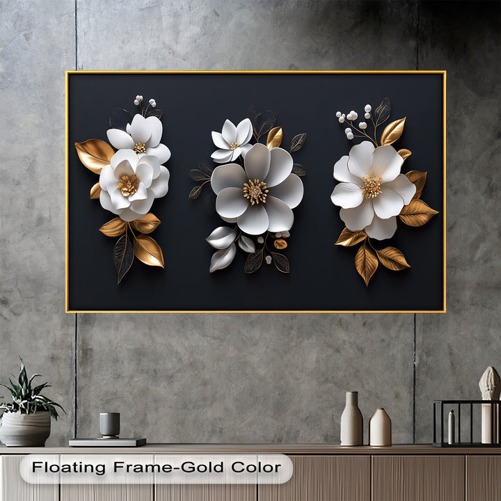 Elegantes Blumentrio – Modernes Ölgemälde in Weiß und Gold