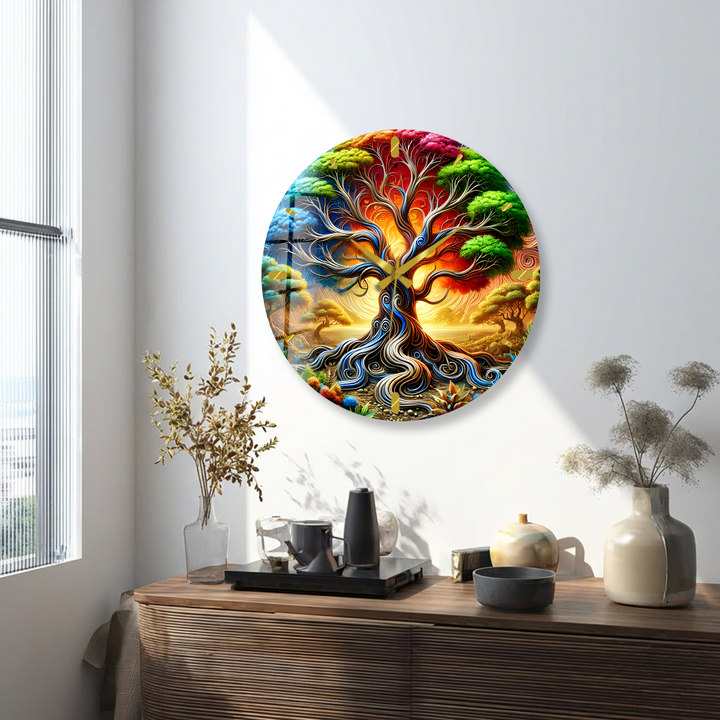 Colorful Tree of Life Glass Wall Clock – Fantasy Nature Decor