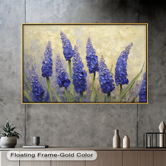 Framed in gold, this lavender spires in bloom oil painting with purple blossoms features a distinct edge as an oil painting decoration.