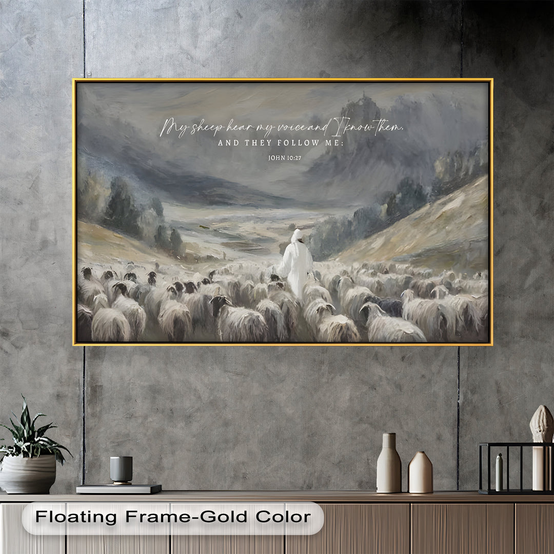 Biblical artwork of Jesus as the Good Shepherd leading his flock through a valley.
