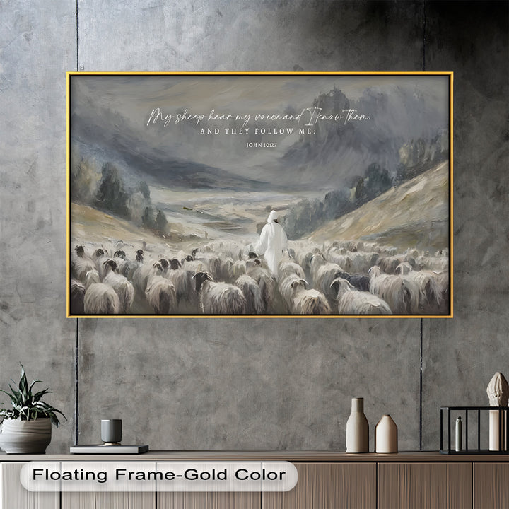 Biblical artwork of Jesus as the Good Shepherd leading his flock through a valley.
