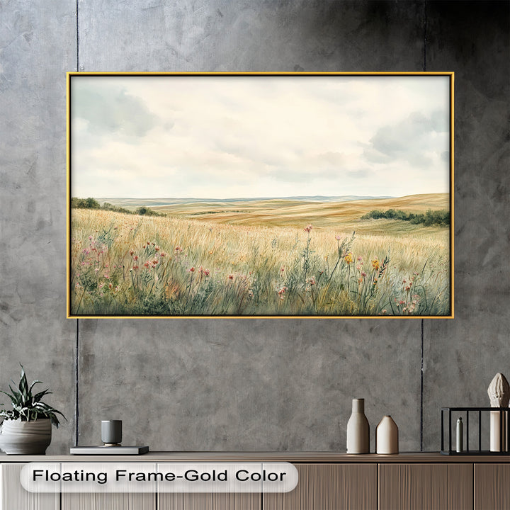 Soft Meadow Landscape Wall Art – Floral Oil Painting
