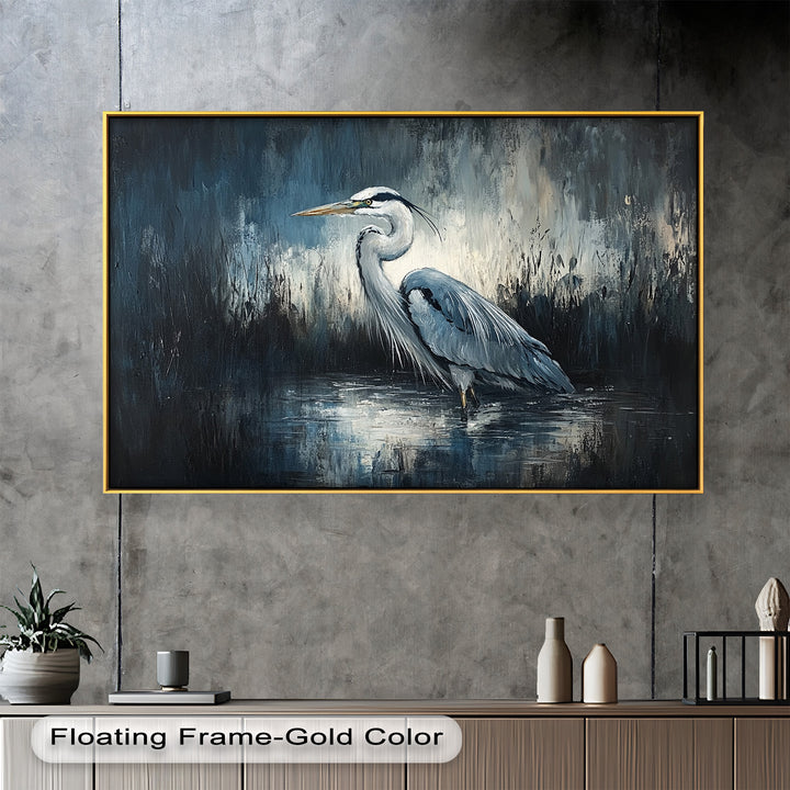 Heron in Misty Marshland – Animal Oil Painting