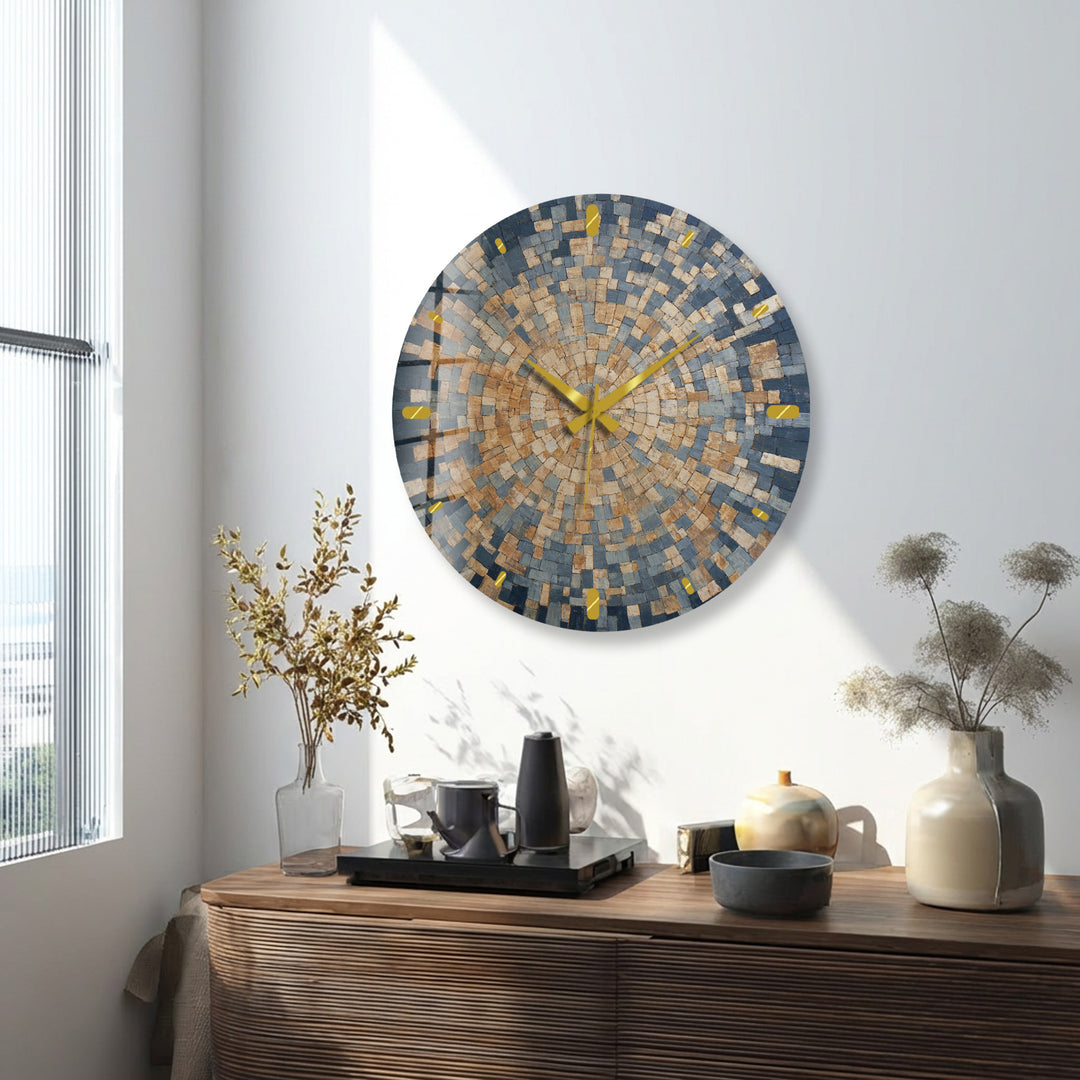 Blue Mosaic Glass Wall Clock – Beige Geometric Circle Art Decor