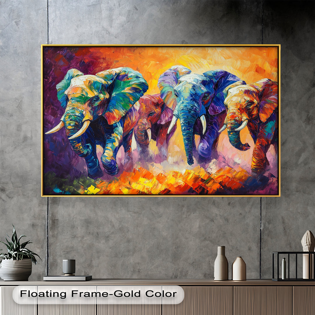 Elephant Herd at Dusk – Animal Oil Painting