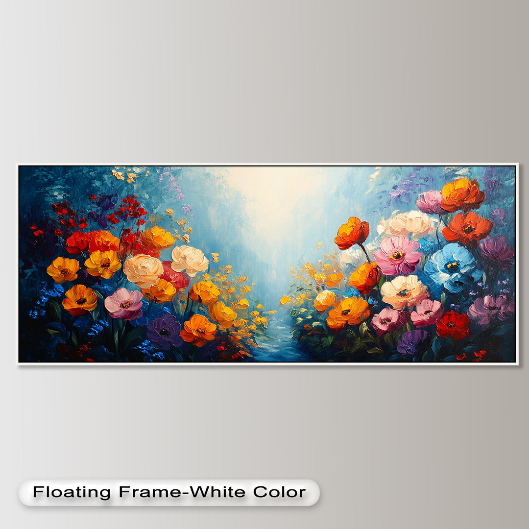 Multicolor Blossoms in Blue Radiance - Flower Oil Painting
