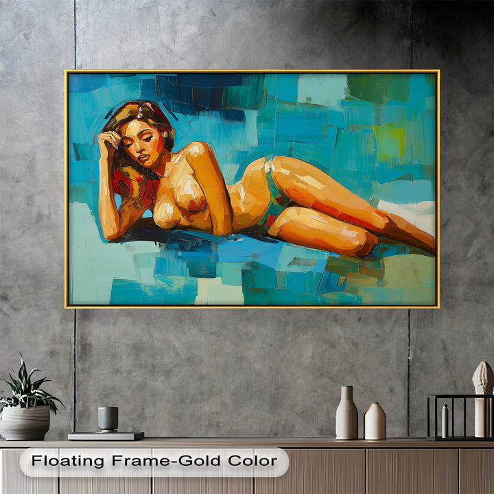 Tropical Repose – Reclining Woman with Ocean Tones Oil Painting