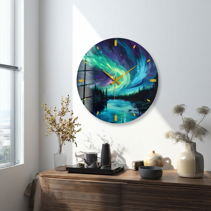 Northern Lights Glass Wall Clock – Aurora Borealis Decor
