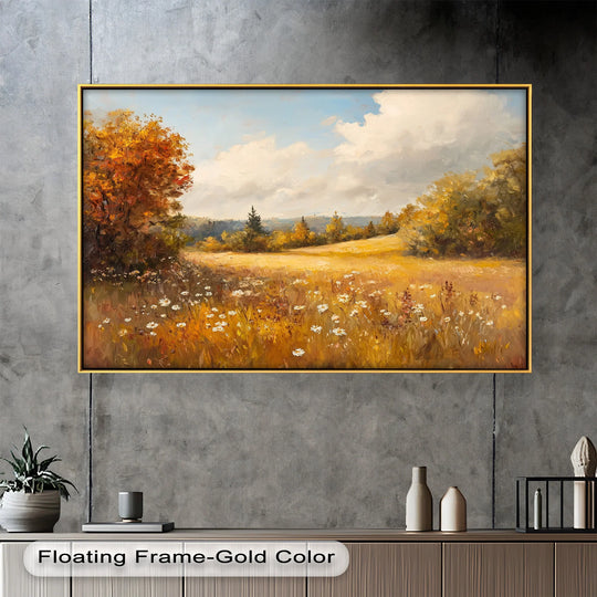 Layers of depth create a serene autumnal landscape oil painting home decor featuring golden fields and distant trees in a tranquil fall scene.