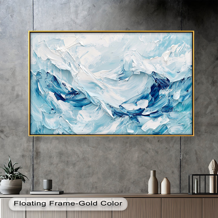 Ocean Ice Texture Art – Abstract Blue & White Oil Painting