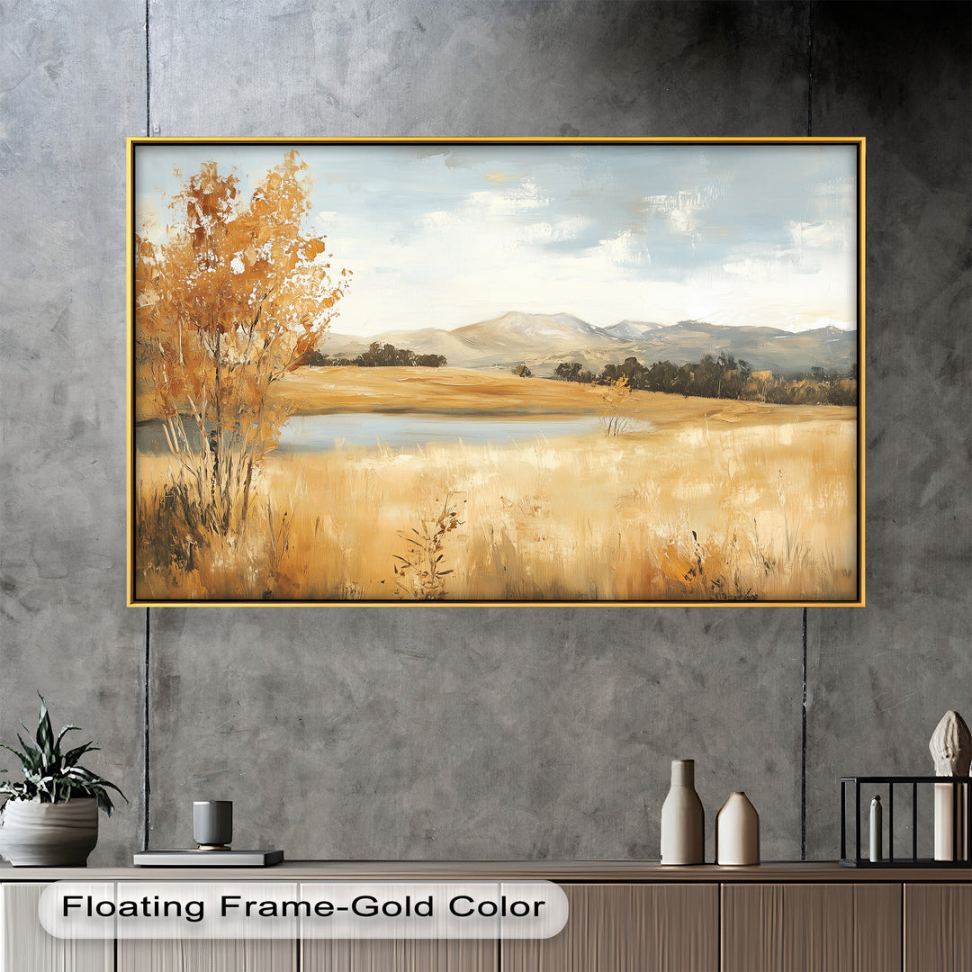 Golden fields stretch beneath a vast sky, where a lone tree adorned with autumn leaves stands beside a tranquil pond, evoking a sense of peaceful solitude.