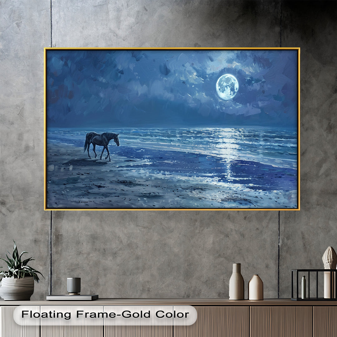 A mesmerizing oil painting capturing a lone horse walking along the moonlit shore, with the shimmering ocean reflecting the soft glow of the full moon.
