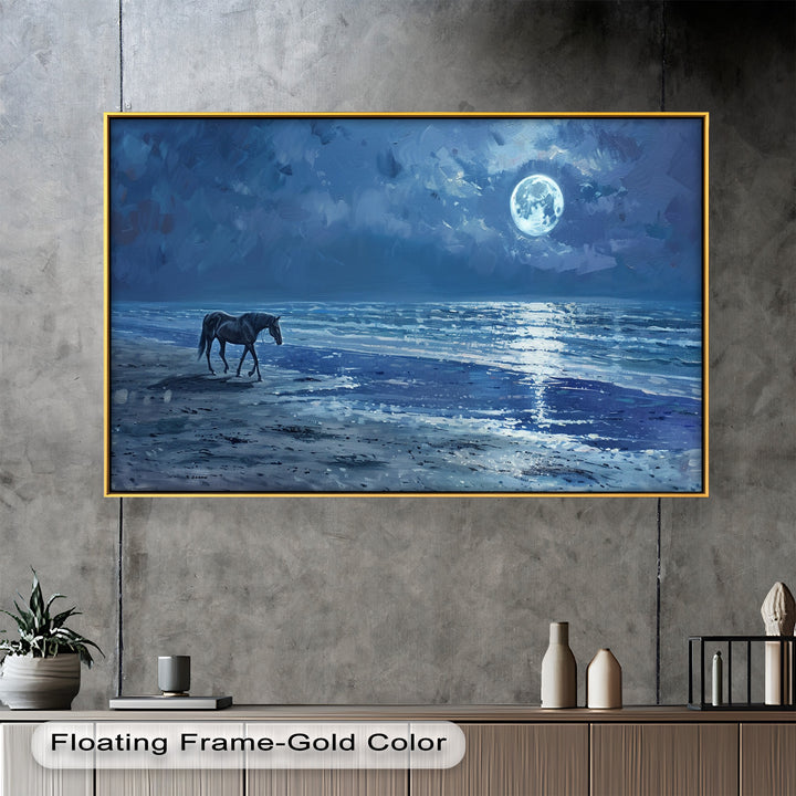A mesmerizing oil painting capturing a lone horse walking along the moonlit shore, with the shimmering ocean reflecting the soft glow of the full moon.