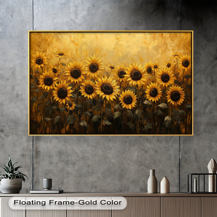 A warm and cheerful composition of blooming sunflowers standing tall in a glowing, abstract field.