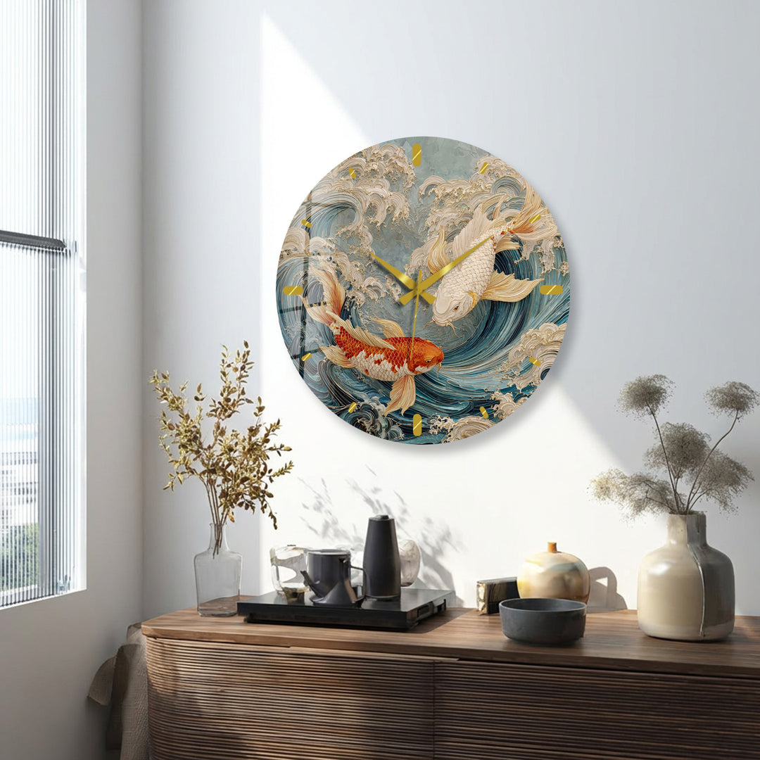 Japanese Koi Fish Glass Wall Clock – Blue Ocean Wave Art