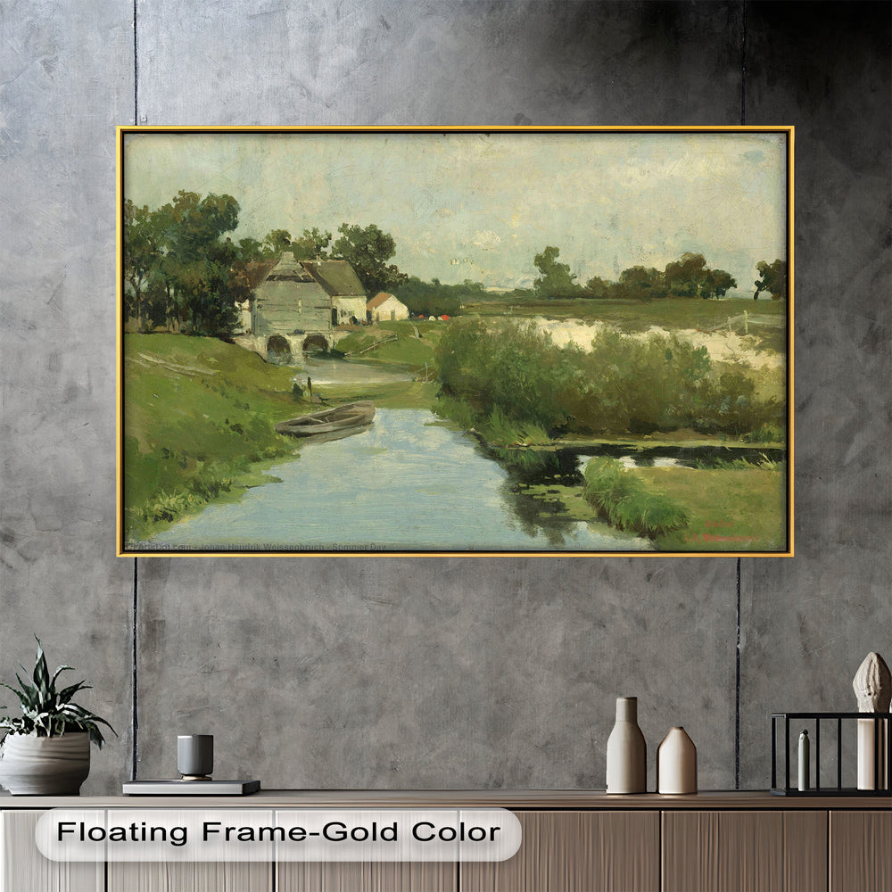 A beautifully detailed landscape artwork featuring a serene village scene with a wooden boat resting by the water’s edge and a charming mill house in the background.