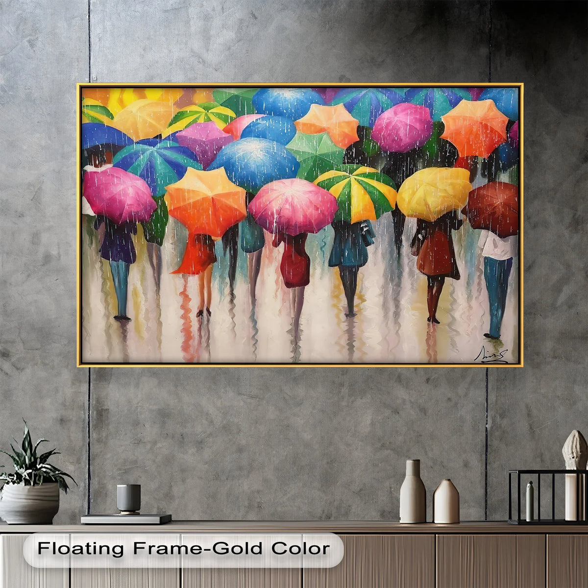 Gold floating frame accentuates the glossy finish of this vibrant abstract oil painting artwork, 'A Bright Melody of Rain in The City,' capturing its dynamic rainy scene.