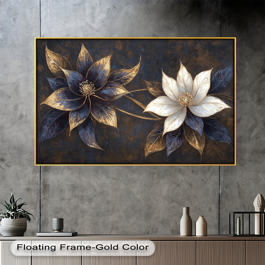 Elegant floral artwork with gold-accented black and white blossoms.
