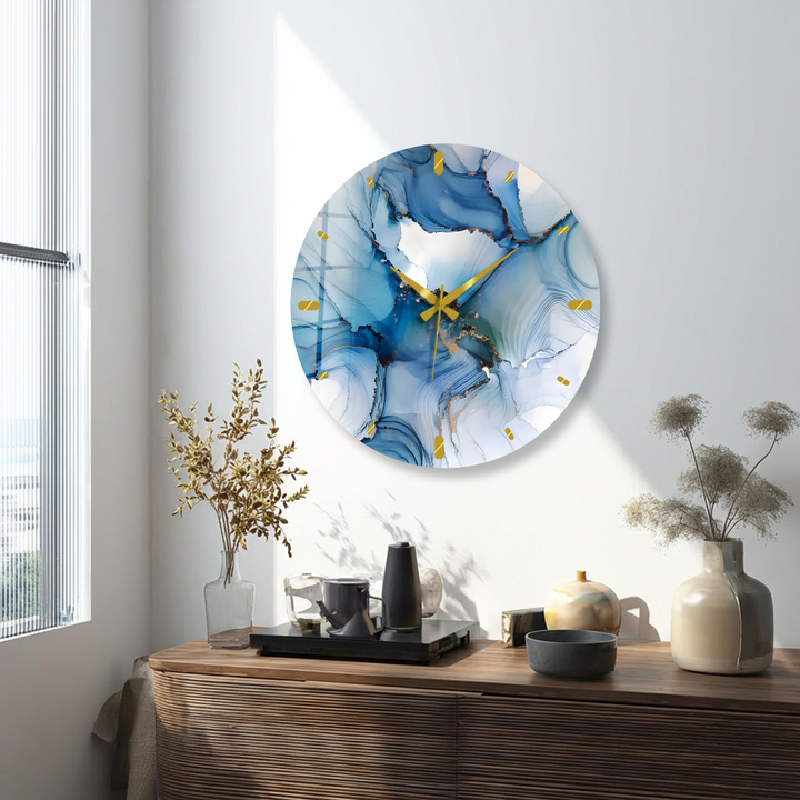 Blaue Marmorglas-Wanduhr – Abstraktes fließendes Kunstdekor