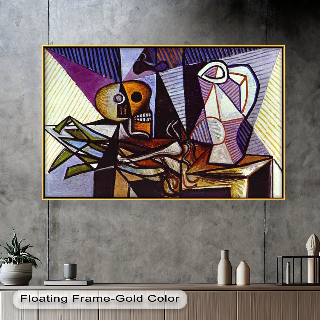 Cubist still life painting featuring a skull, pitcher, and abstract geometric patterns in bold colors and angular forms.