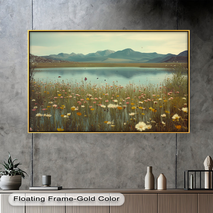 Butterfly Bloom by the Lake – Framed Oil Painting