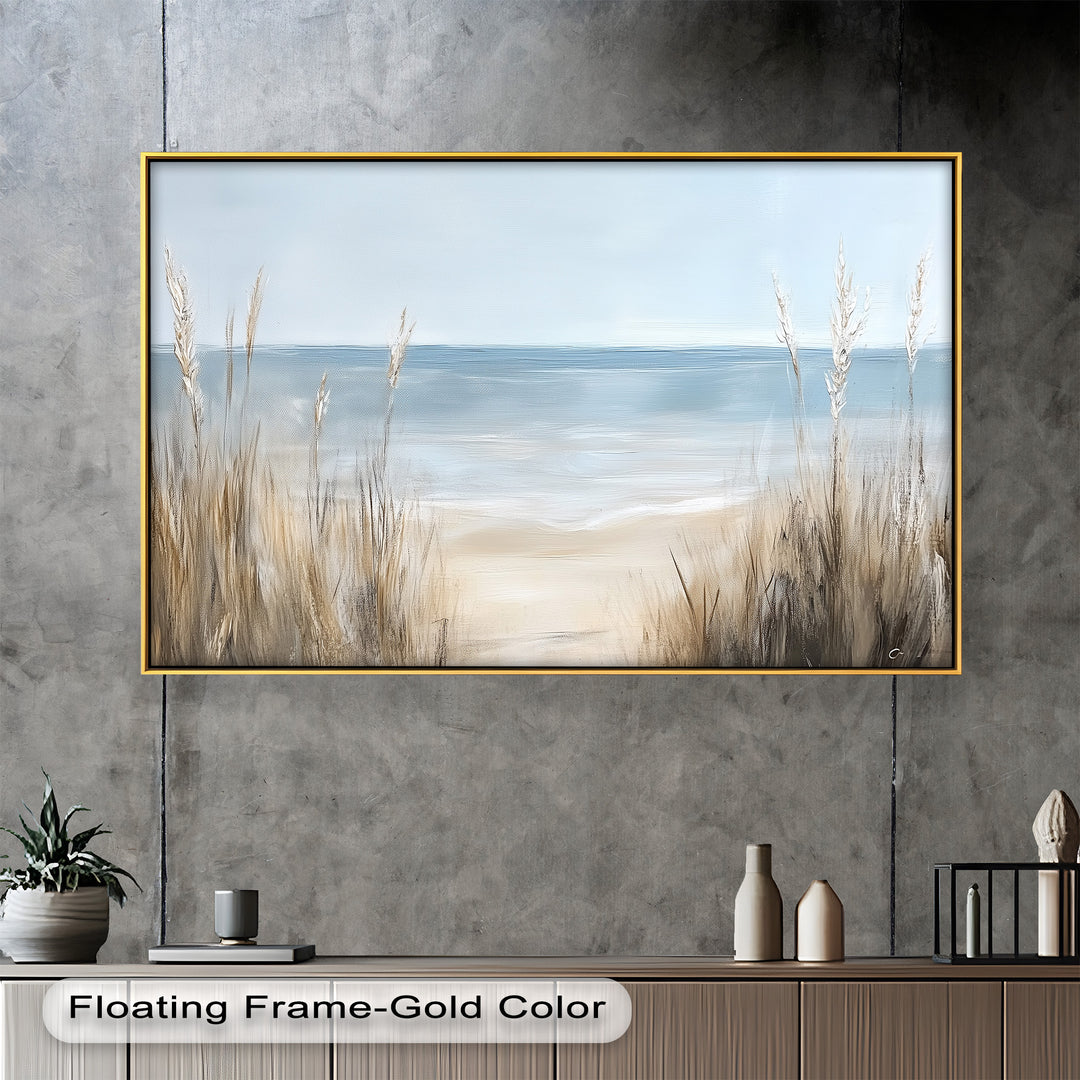 This peaceful coastal painting features soft sea grass swaying beside a serene shoreline under a gentle blue sky.