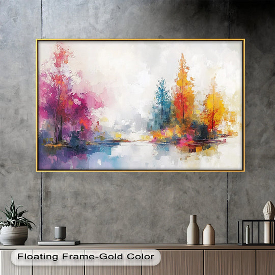 Expansive negative space surrounds the vibrant “Whispers of Autumn” abstract oil painting home decor, highlighting its colorful forest reflection and drawing focus to the artwork's details.